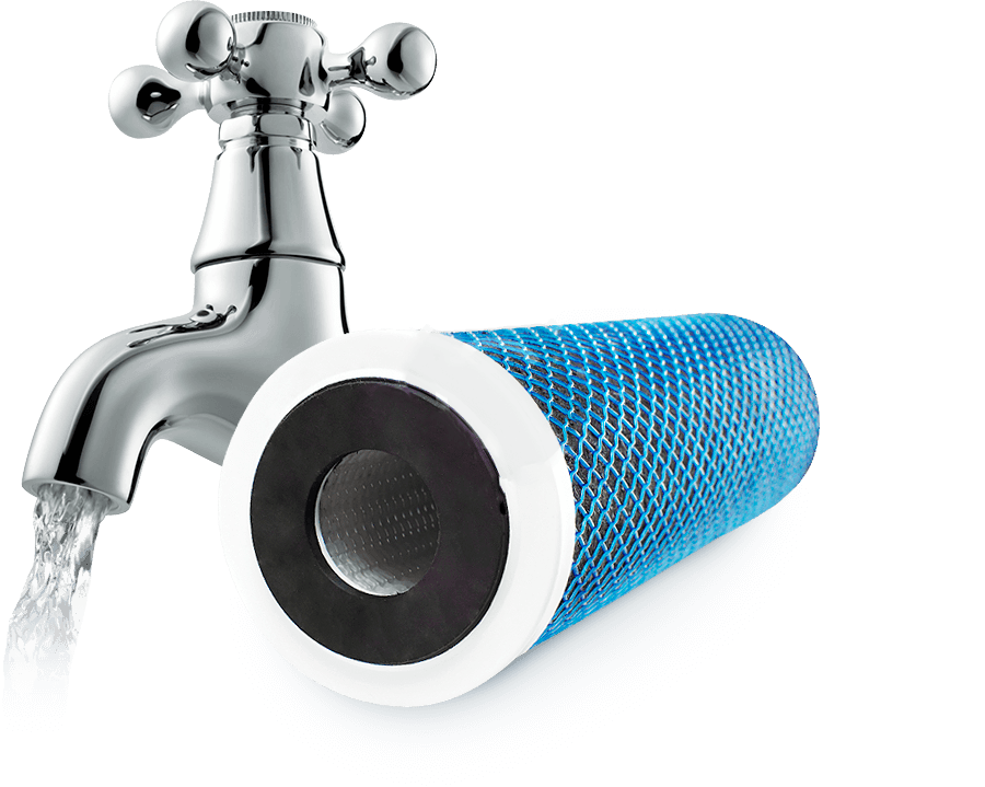 Water flowing from a chrome faucet, next to a blue water filter.