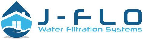 Logo for J-FLO Water Filtration Systems, with a blue water droplet, house, and text.
