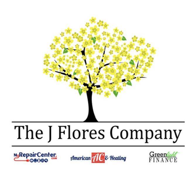 Logo for The J Flores Company: a tree with yellow flowers, text, and partner logos.
