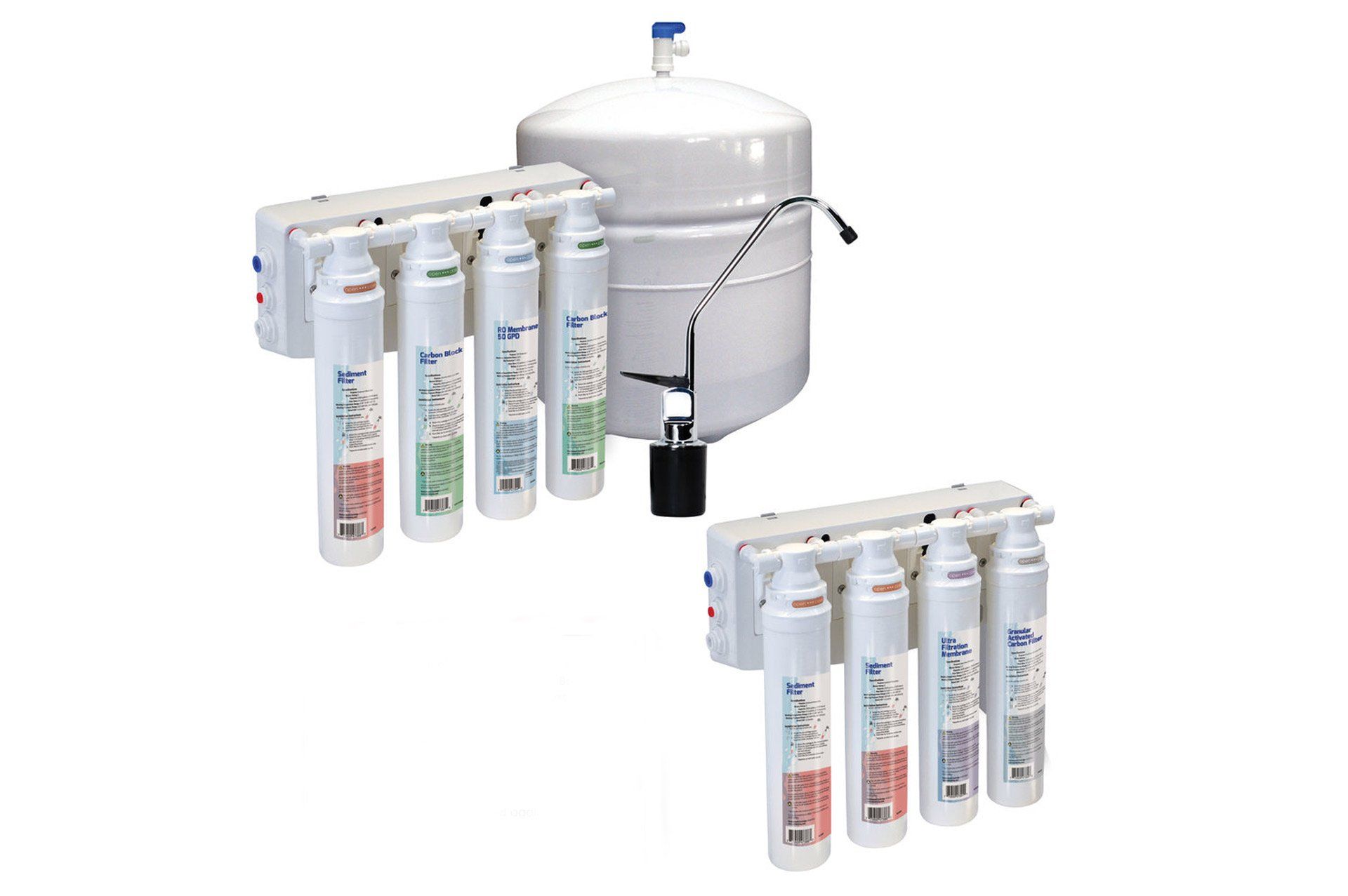 Two reverse osmosis water filter systems, white with multiple filter cartridges.