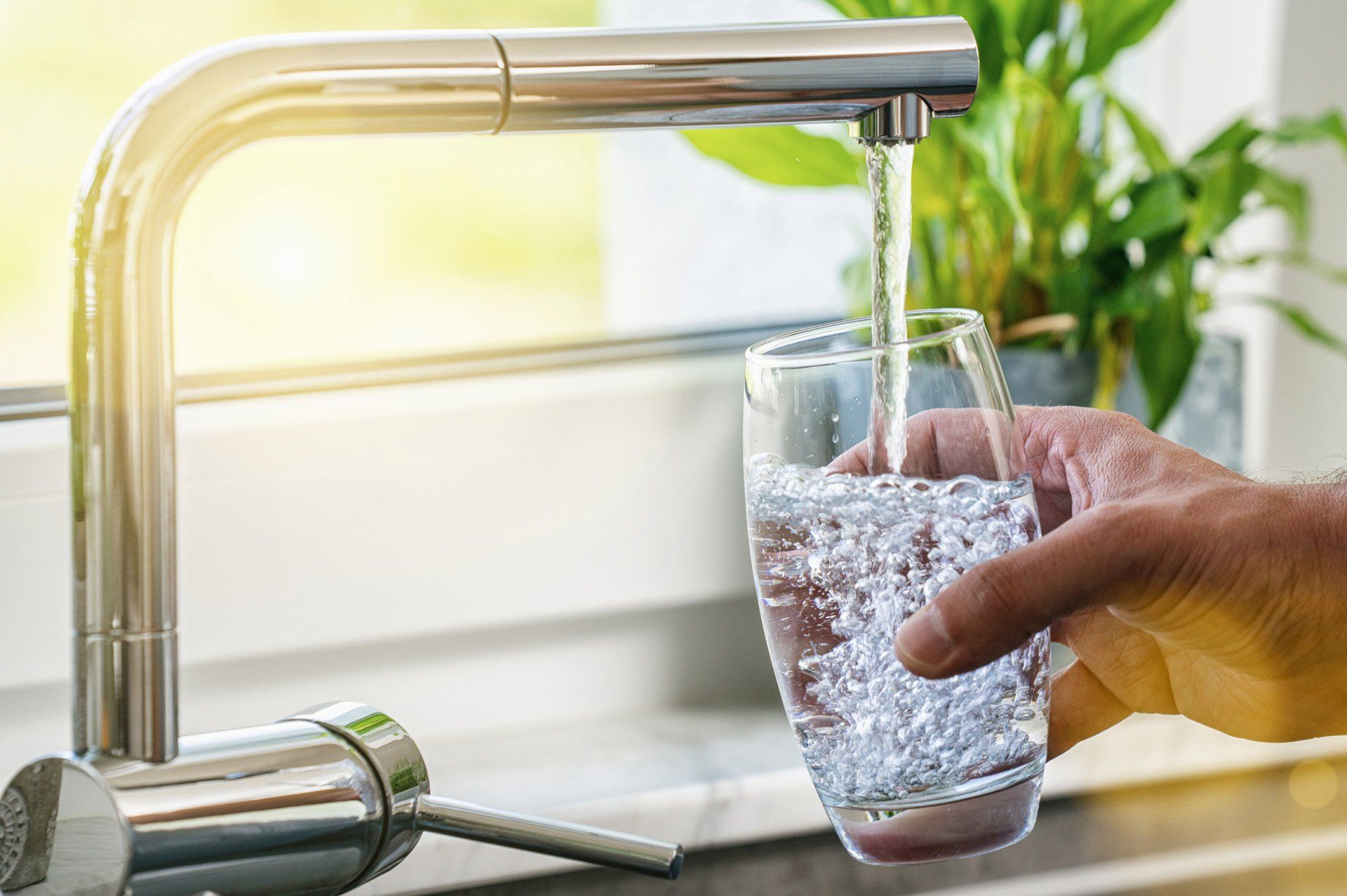 A hand fills a glass with water from a chrome faucet, in front of a window and plants.