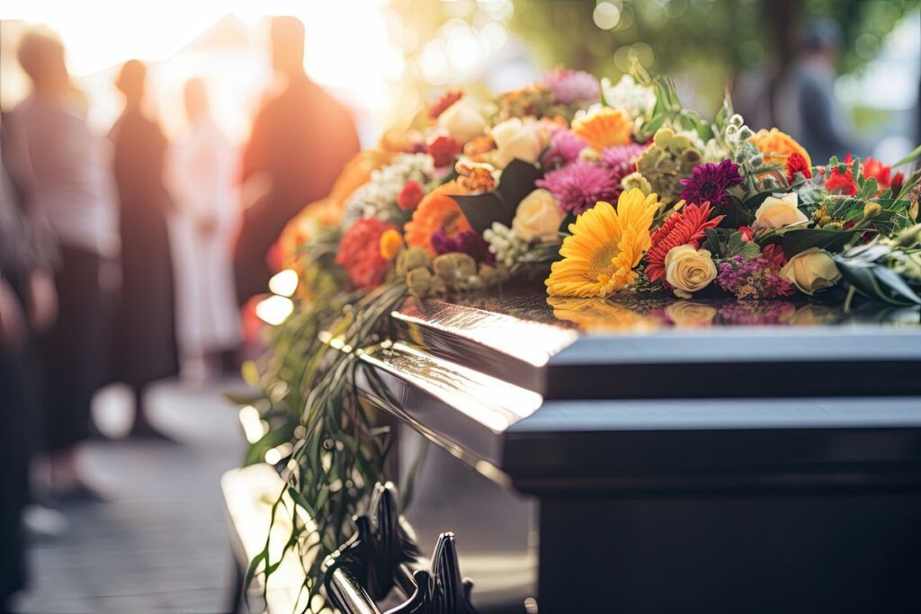 Flower-covered casket at a funeral, with mourners blurred in the background