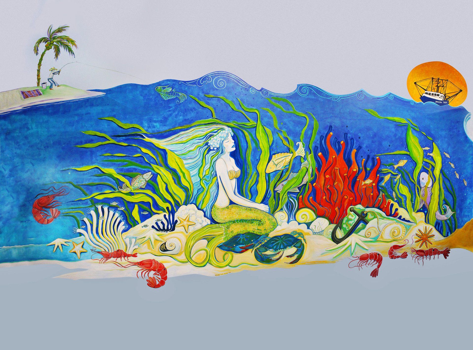 Mermaid in sea with colorful coral, seaweed, and a distant island with a palm tree and a boat sailing under a sunset.