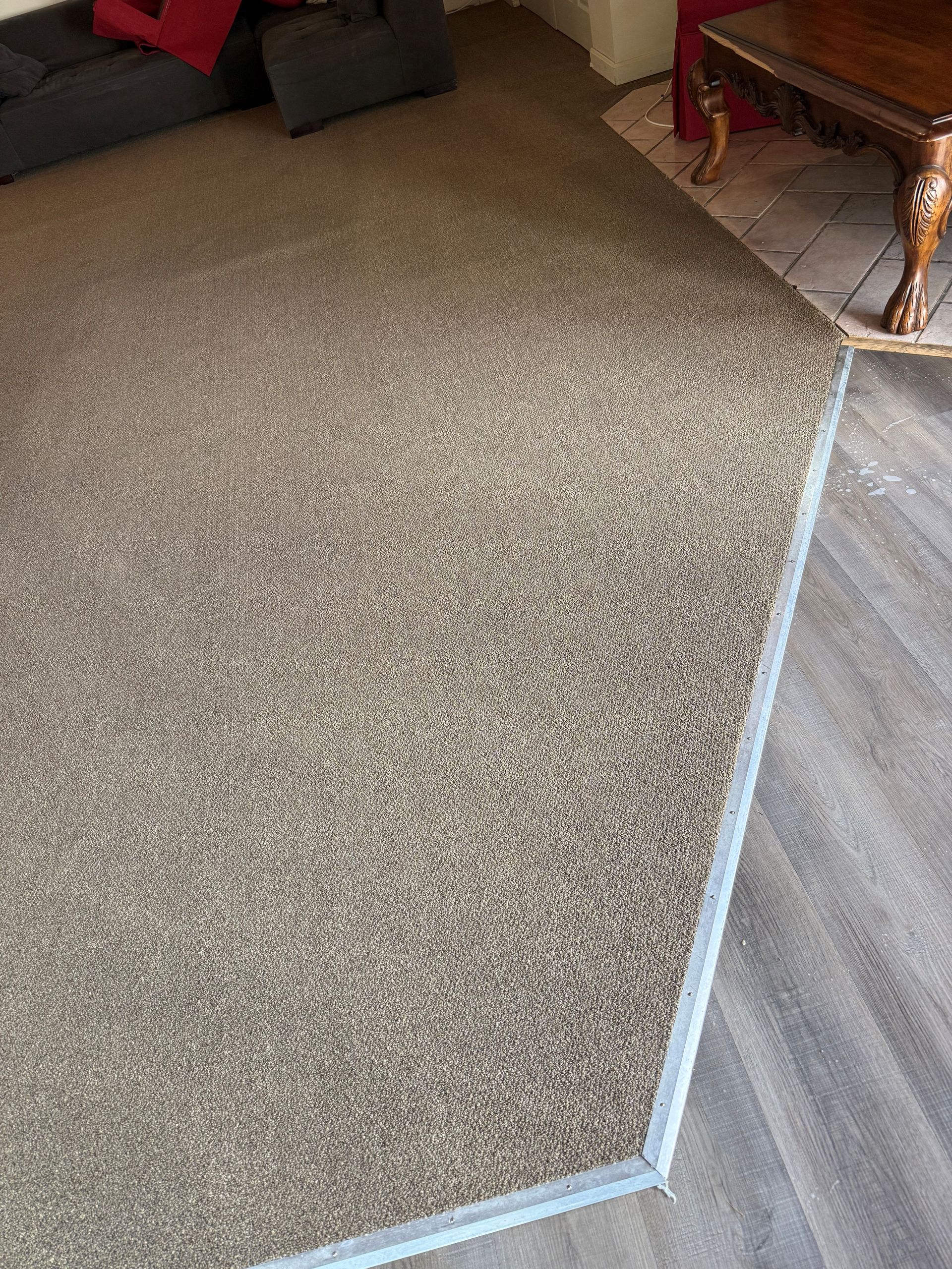 Brown carpet meets gray wood flooring with a metal trim.