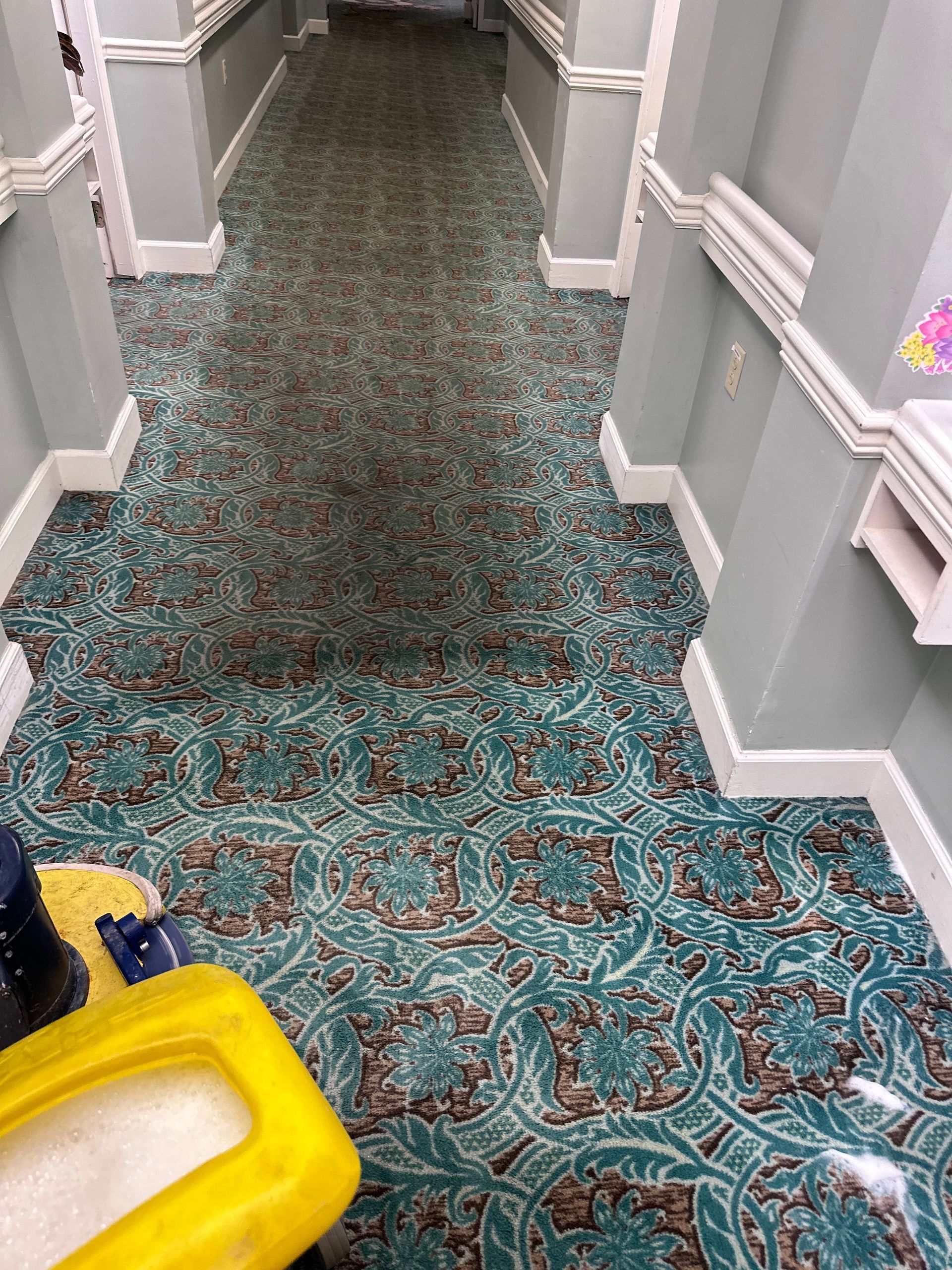 A hallway with patterned teal and brown carpet; cleaning equipment in the foreground.