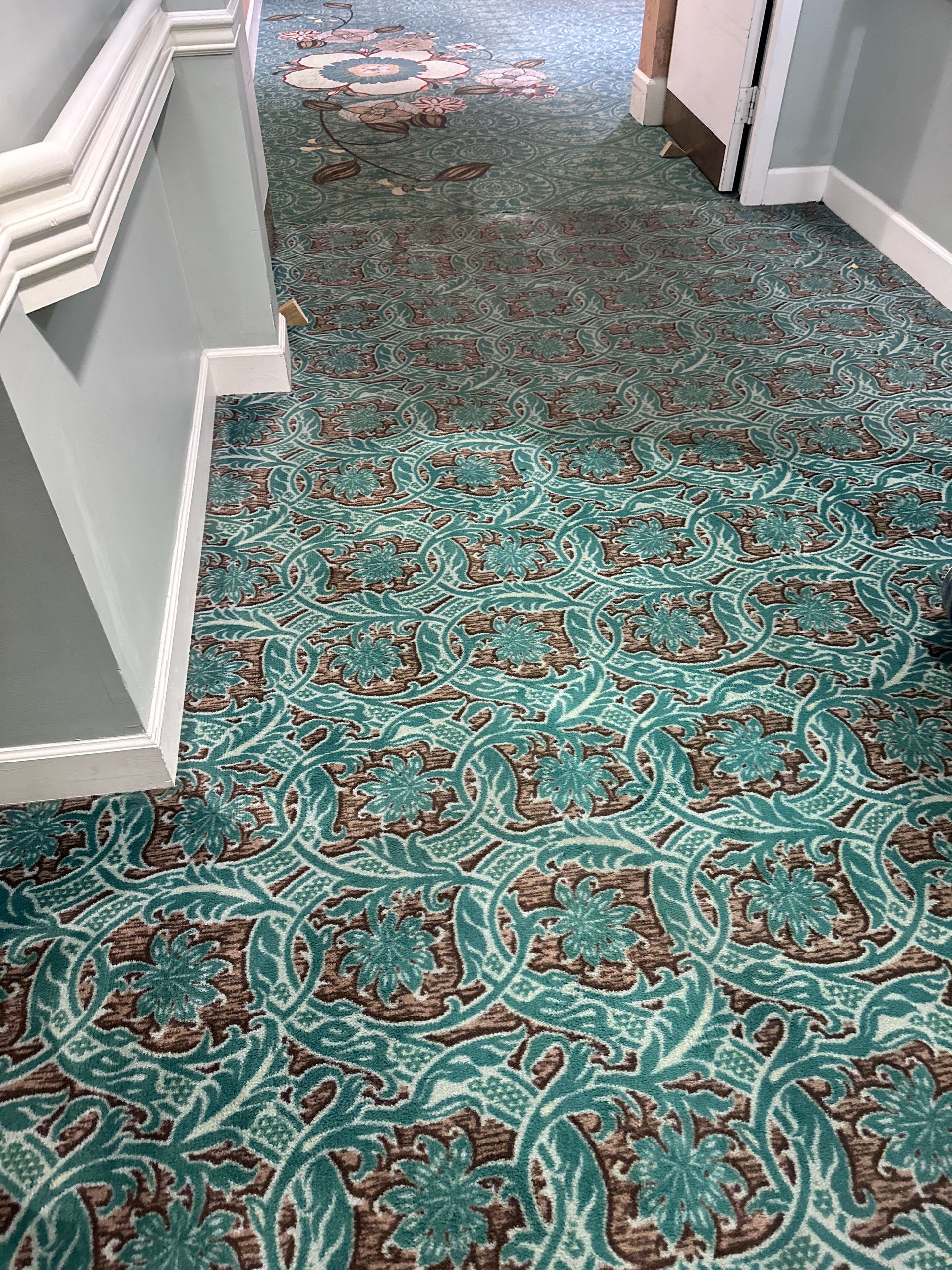 Hallway with teal patterned carpet, worn in places. White trim and wall.