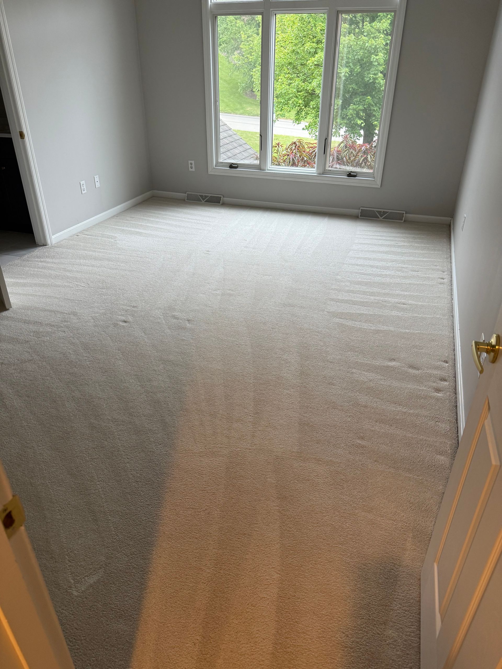 Empty bedroom with light gray carpet and a large window.