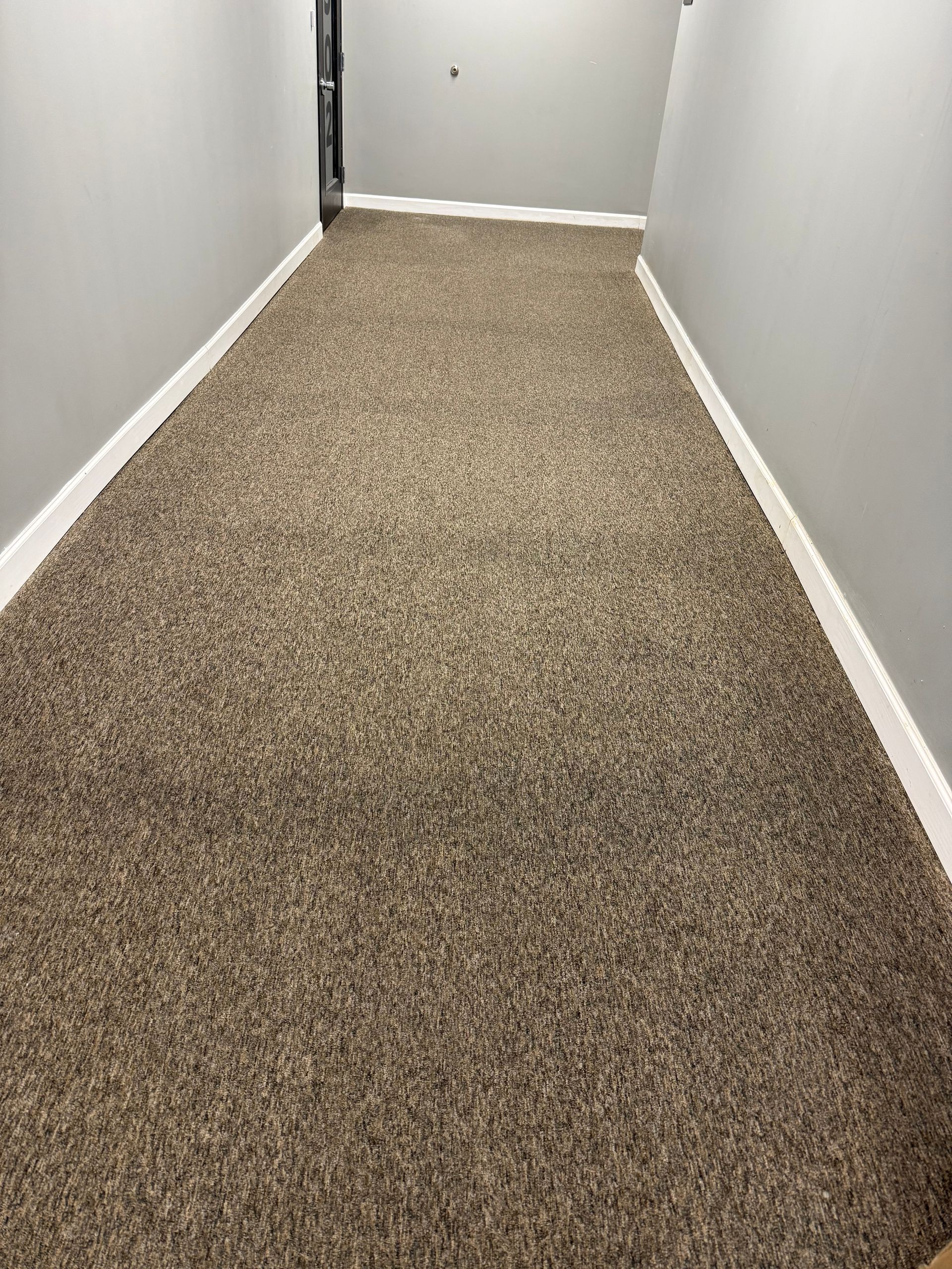 Narrow hallway with brown speckled carpet, gray walls, and white baseboards.