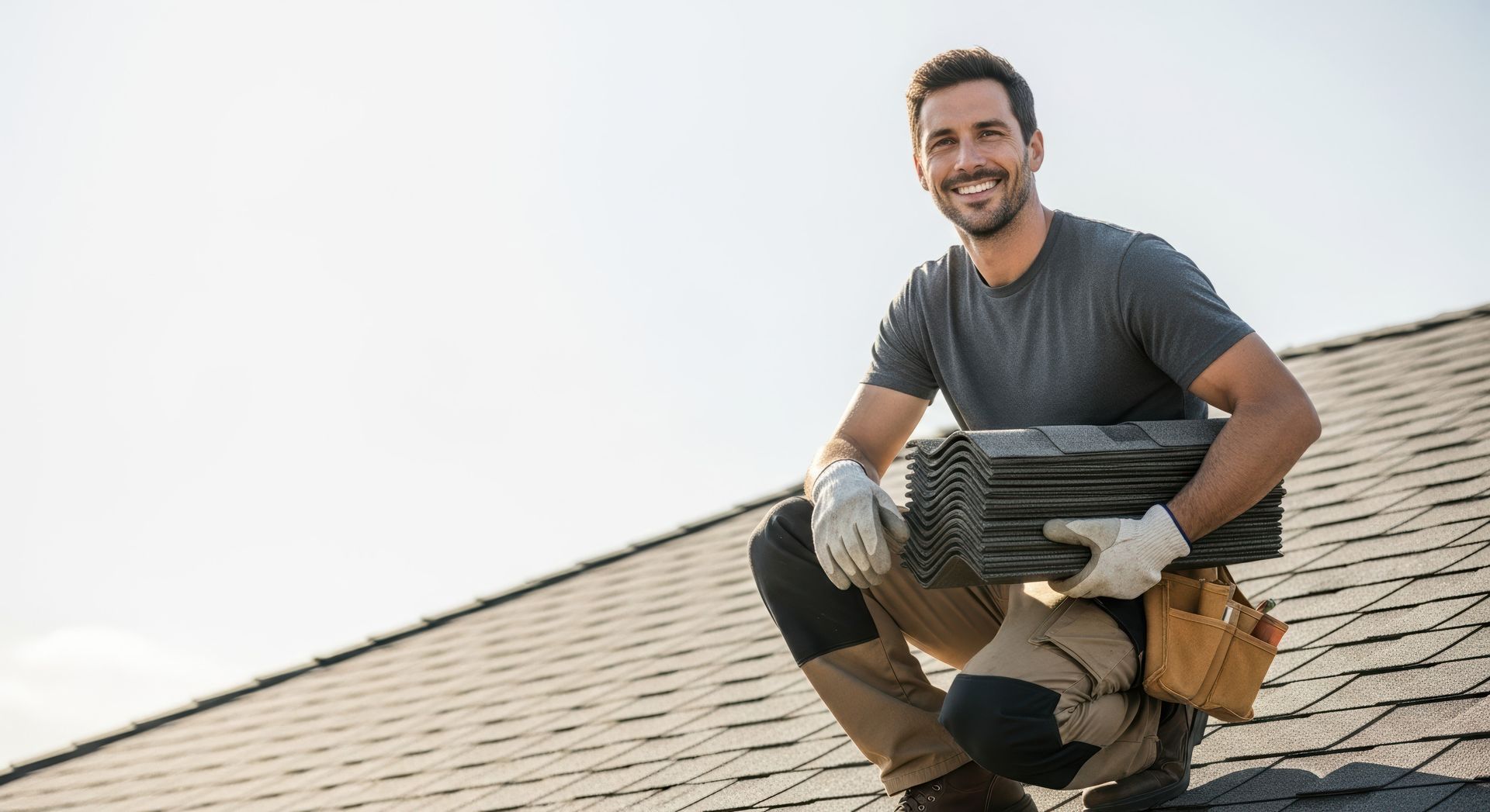 Worker on a roof holding a stack of shingles and wearing gloves.