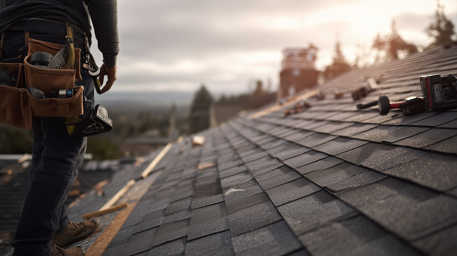 Commercial roofing services contractor inspecting asphalt shingle roof during installation.