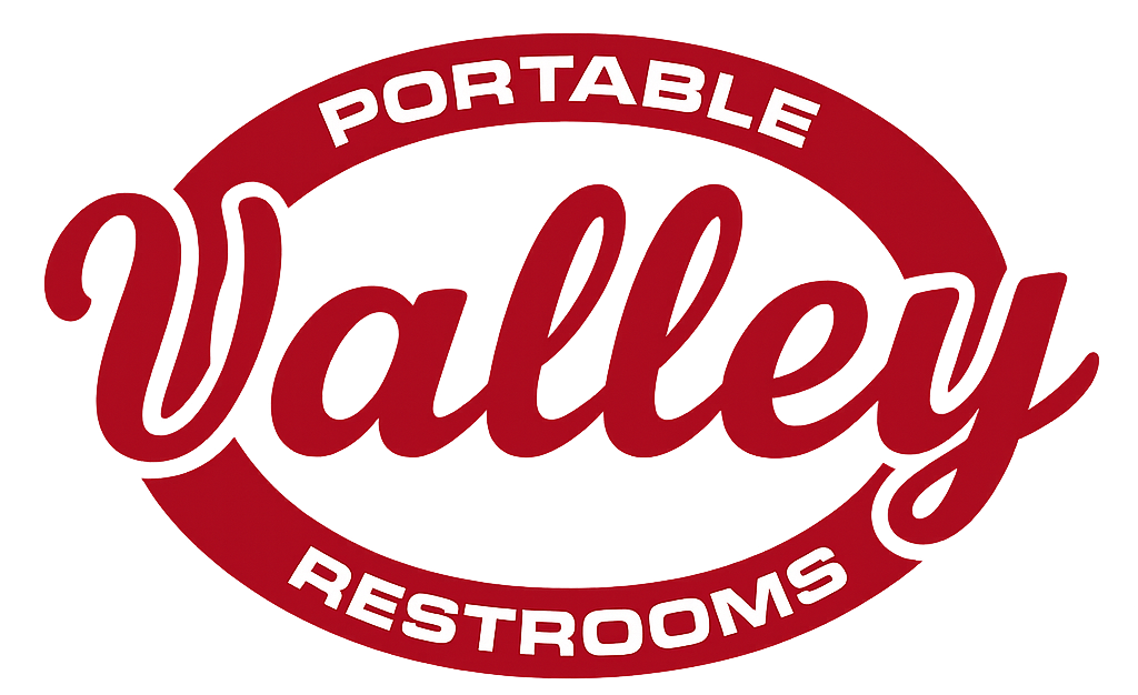 A red and white logo for valley restrooms