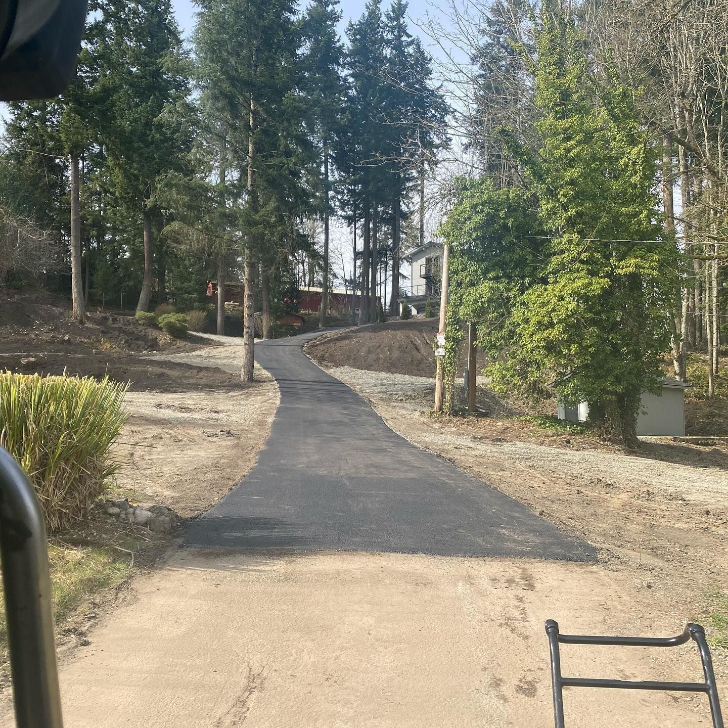 A paved pathway winds through a wooded area on a sunny day.
