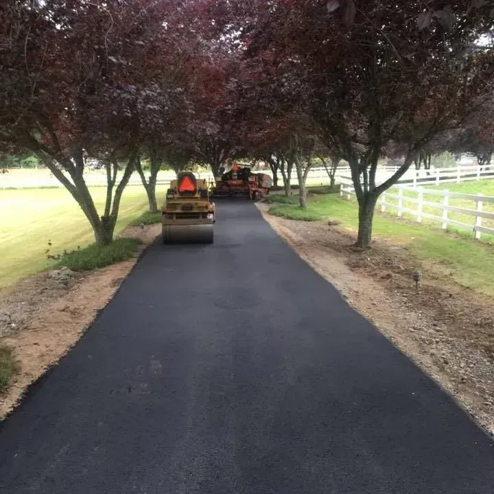 Asphalt paving a driveway lined with trees and a white fence. Construction equipment.