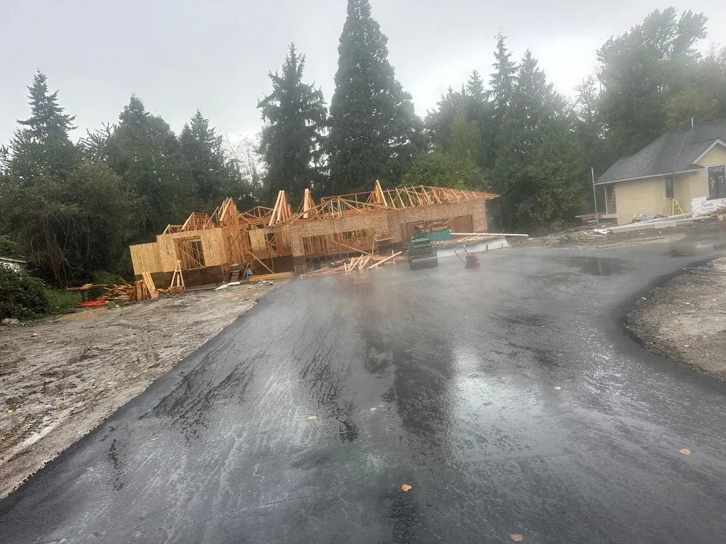 Black paved driveway leading uphill between houses and tall trees on a sunny day.