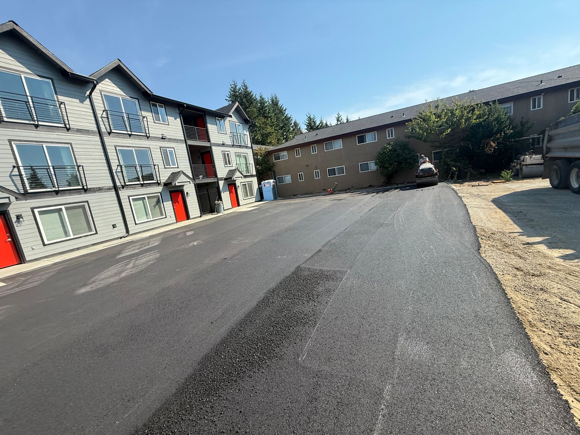 Black paved driveway leading uphill between houses and tall trees on a sunny day.