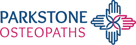 The logo for parkstone osteopaths shows a hand and a cross.