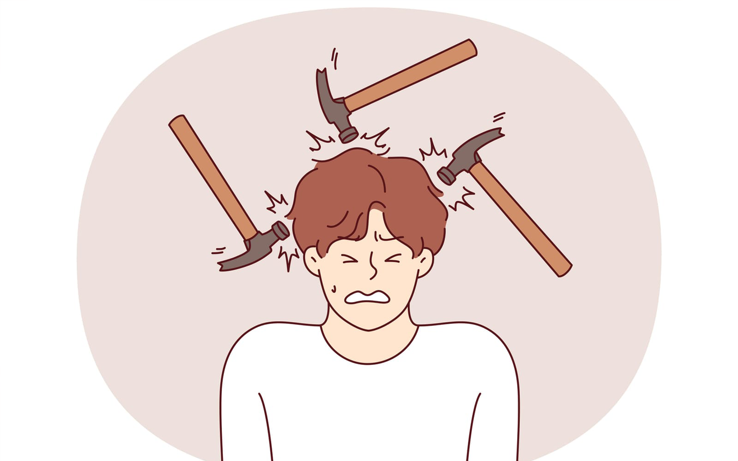 Person with a distressed expression, being hit on the head by three hammers, within a pink circle background.