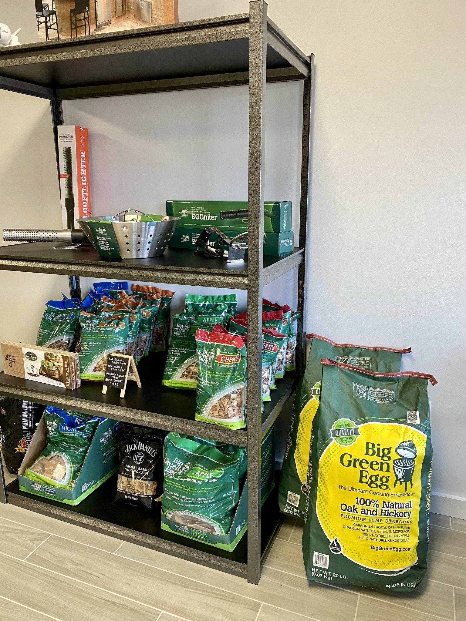 A shelf filled with lots of bags of food.