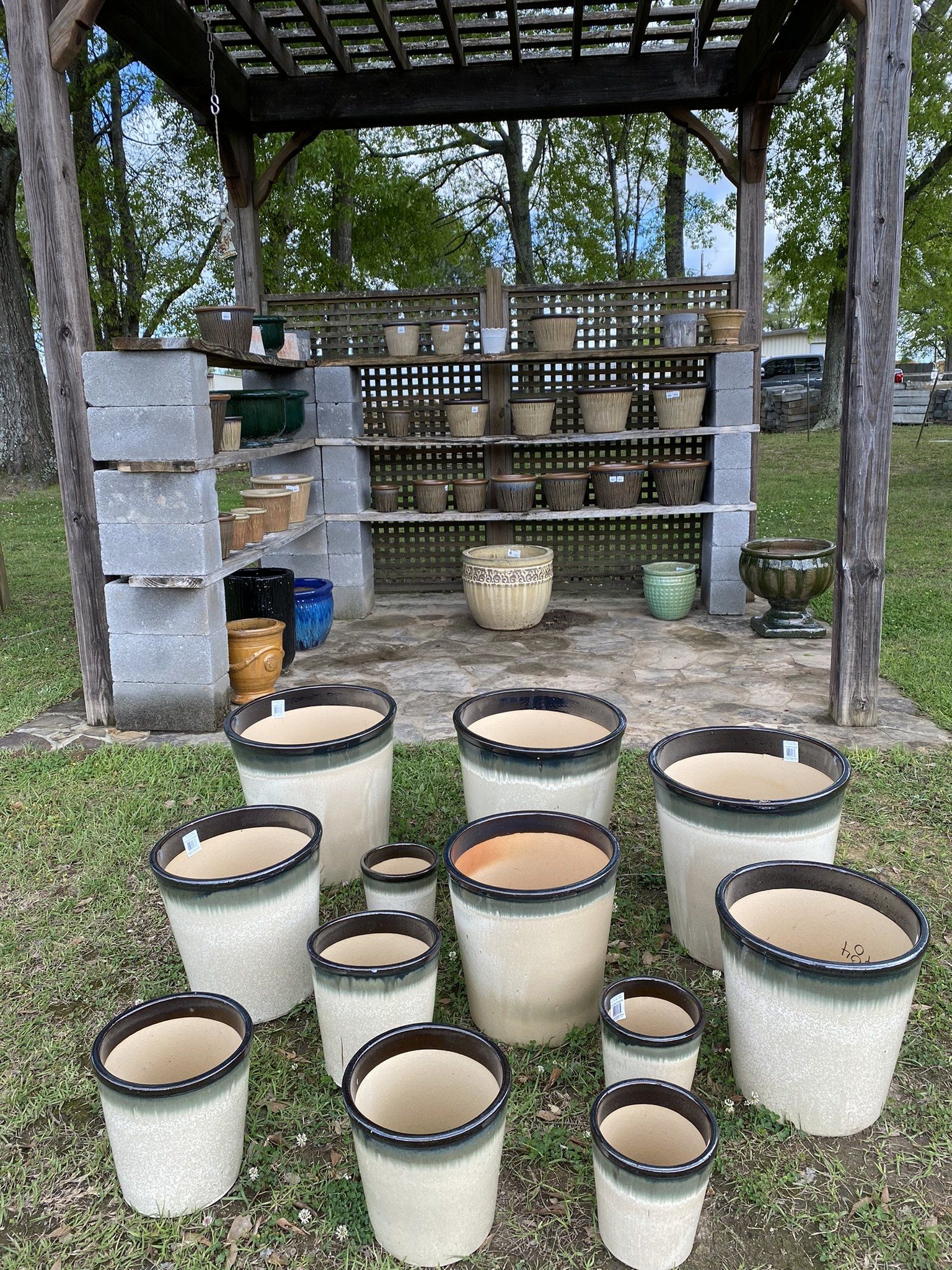Potted plants for sale, arranged under a wooden structure. Beige and green planters in the foreground.