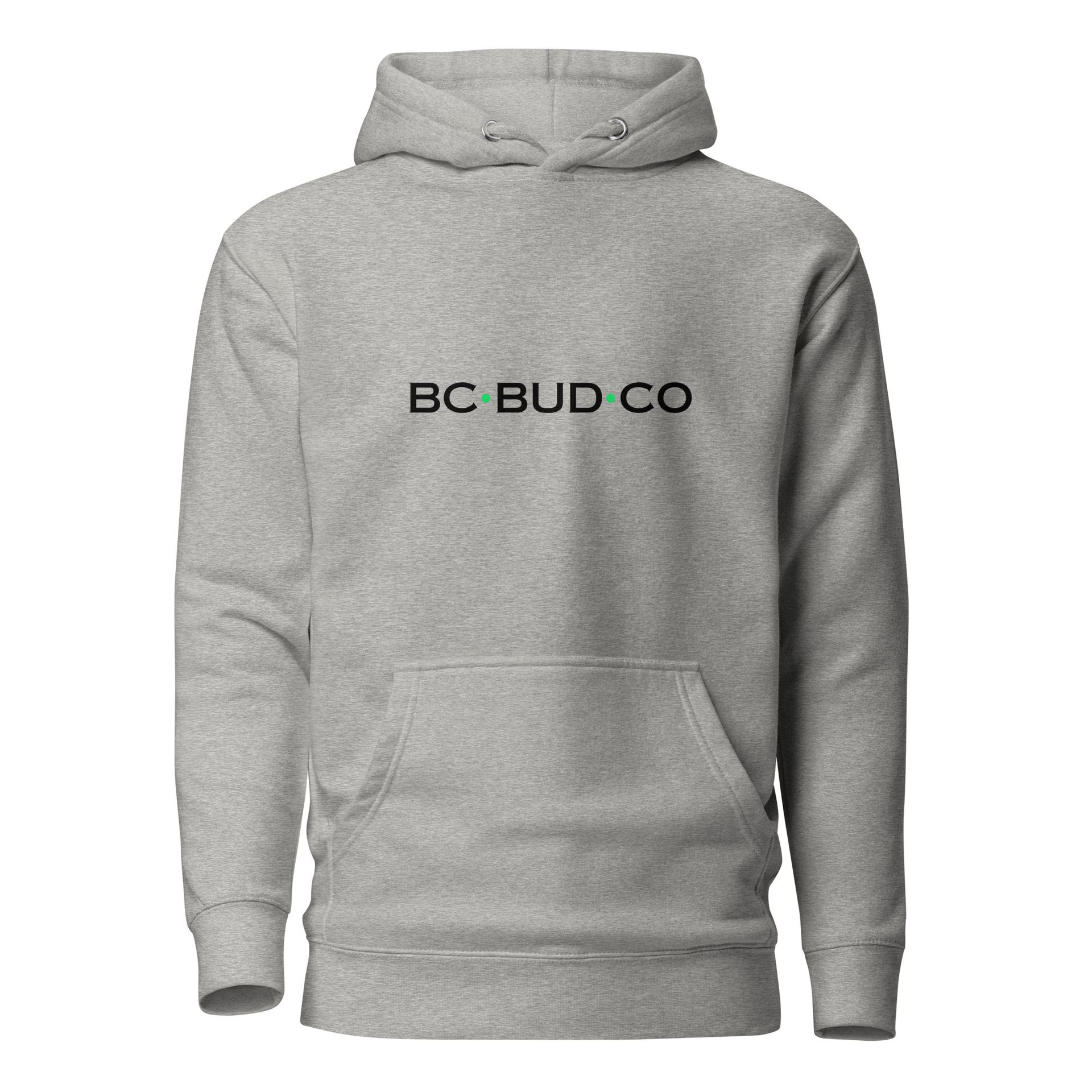 A grey hoodie that says bc bud co on it