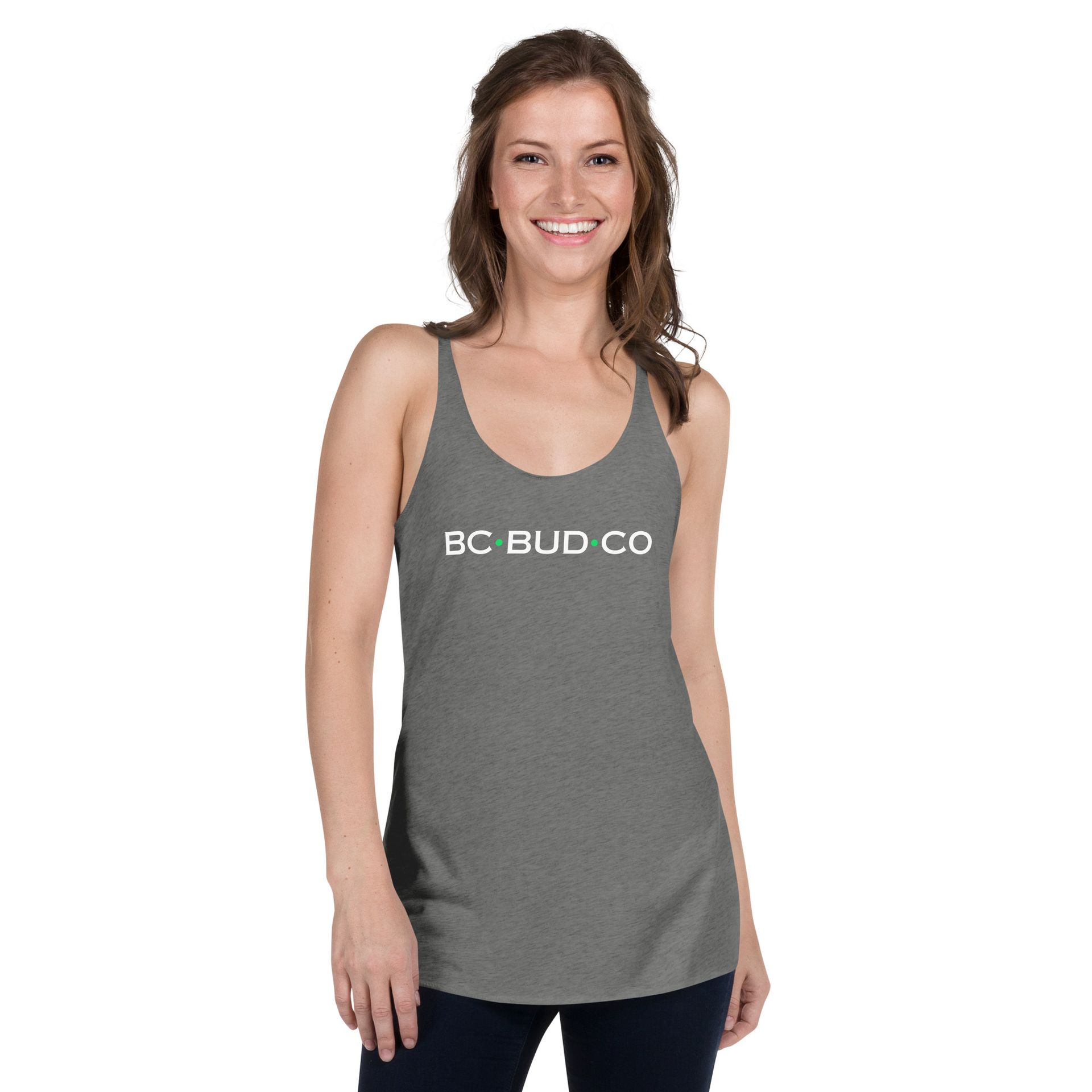 A woman is wearing a tank top that says bc bud co