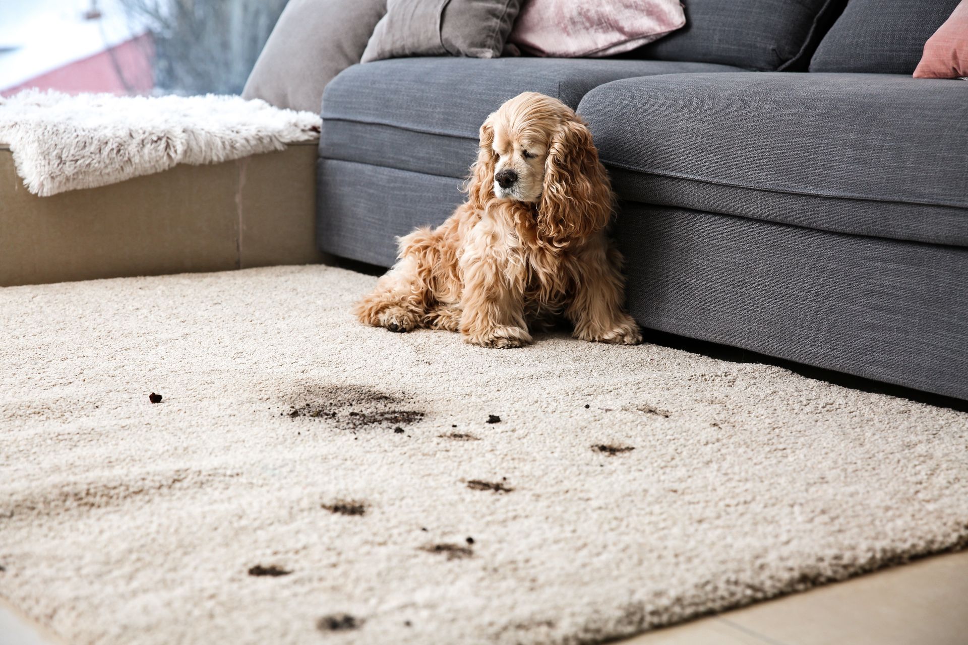 A light brown spaniel sits on a beige rug next to a gray sofa, near several dark paw prints and muddy spots.
