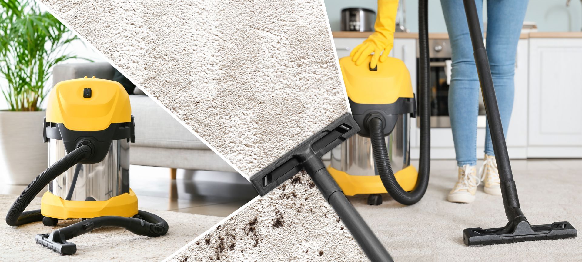 A person uses a yellow and silver wet-dry vacuum to clean a light-colored carpet in a home interior.