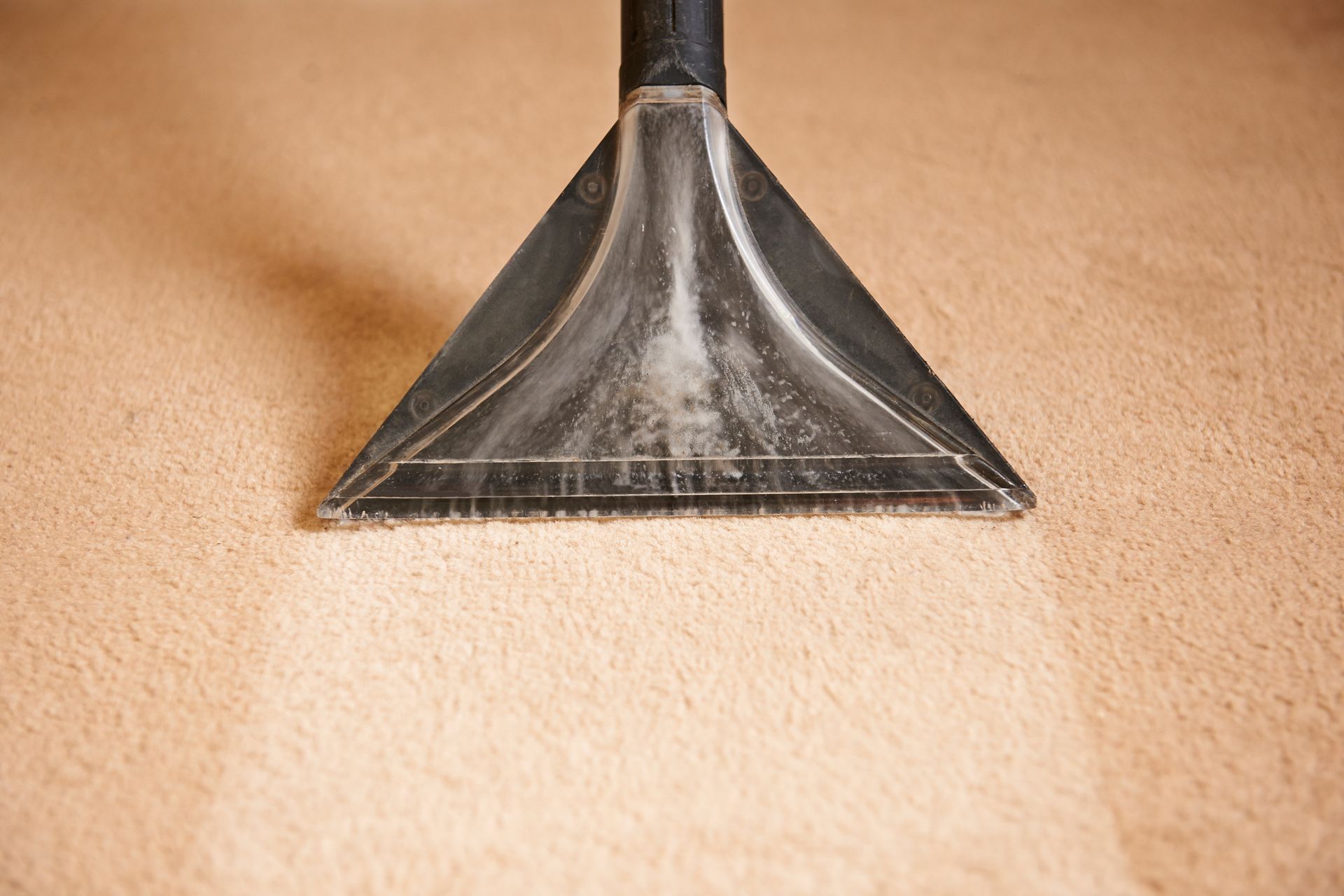 A black carpet cleaning nozzle extracting dirt from a light-colored carpet, showing a clean path.