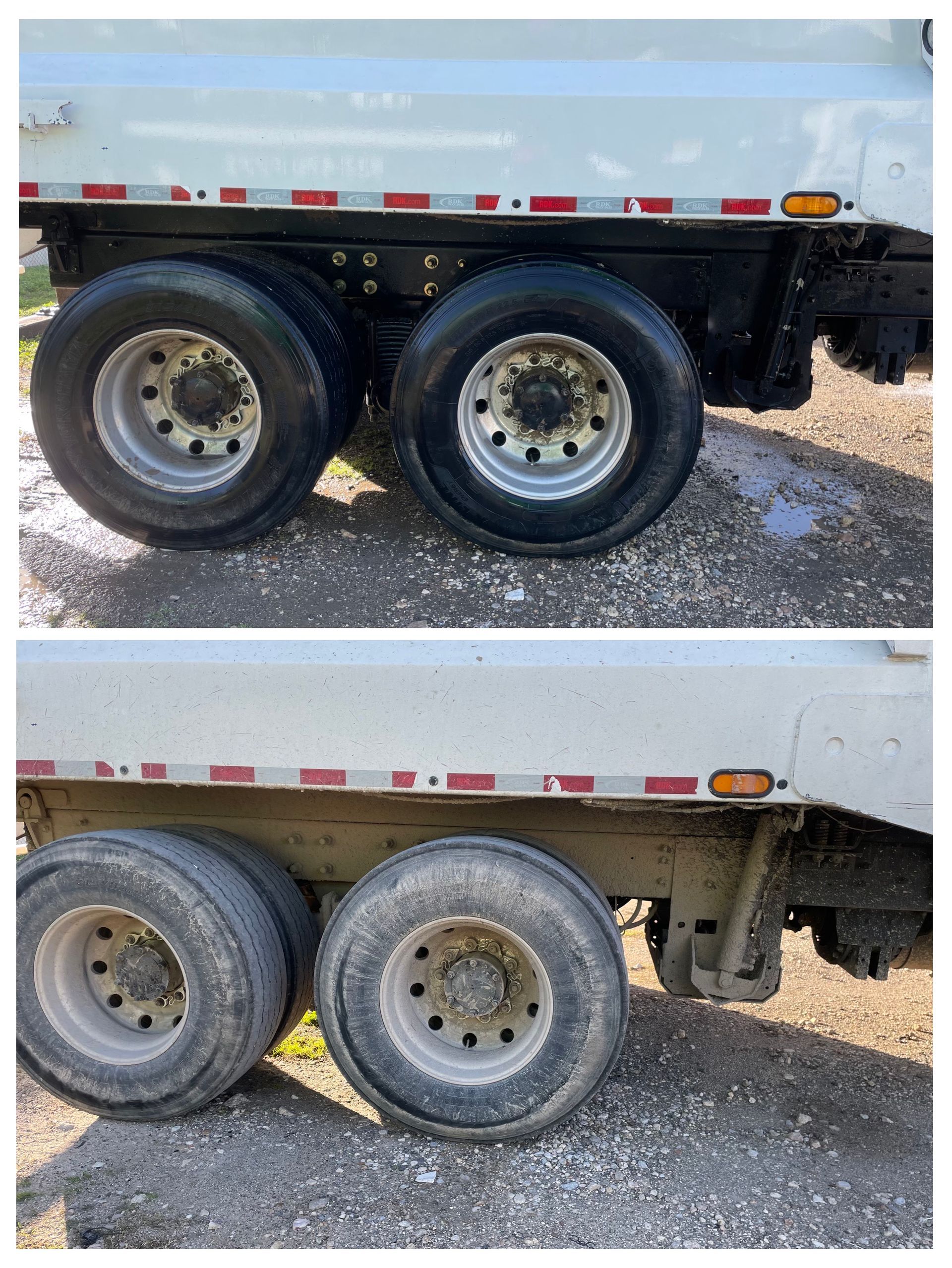 A before and after picture of a dump truck.