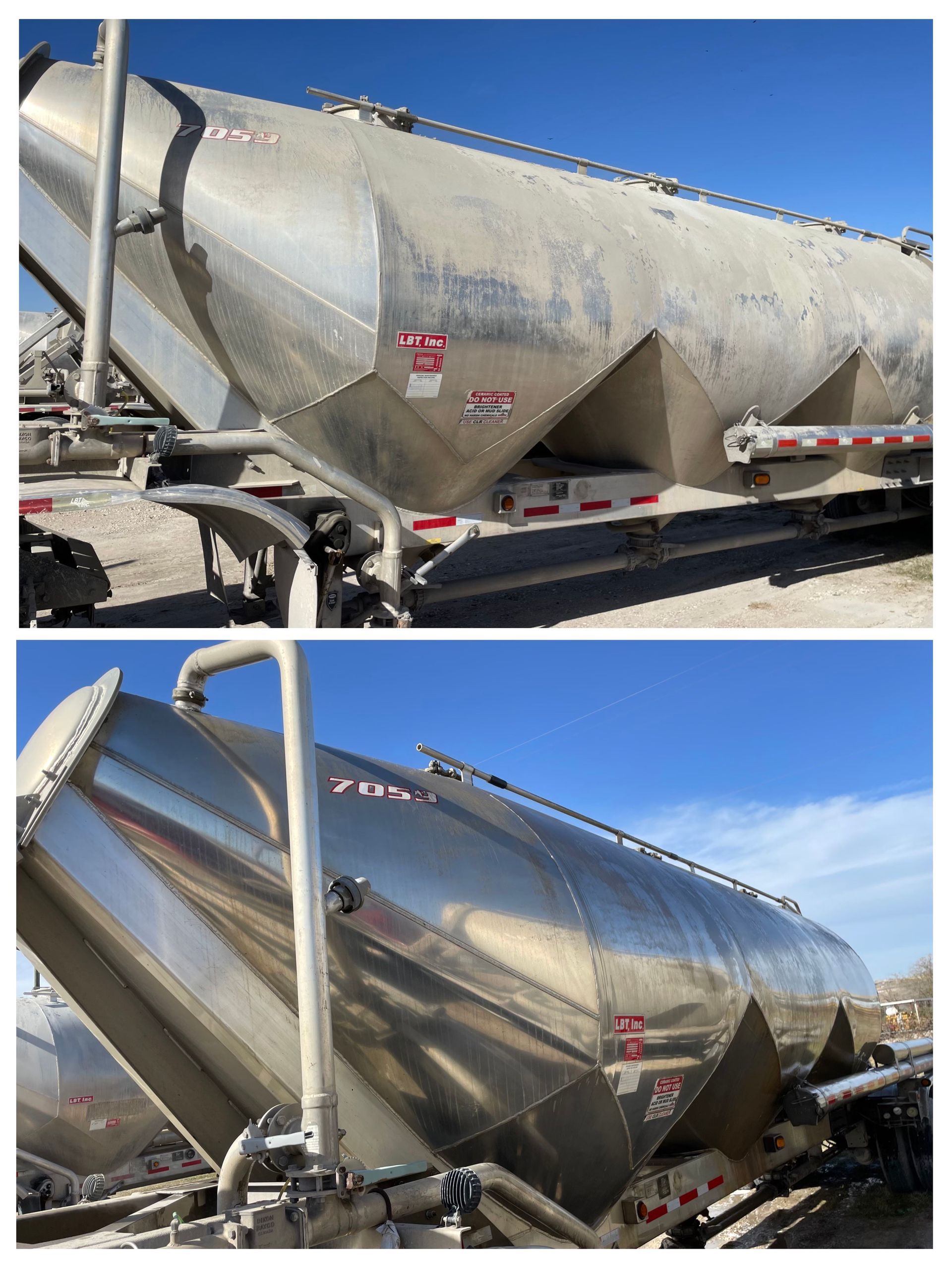 Two pictures of a stainless steel tank on a truck.
