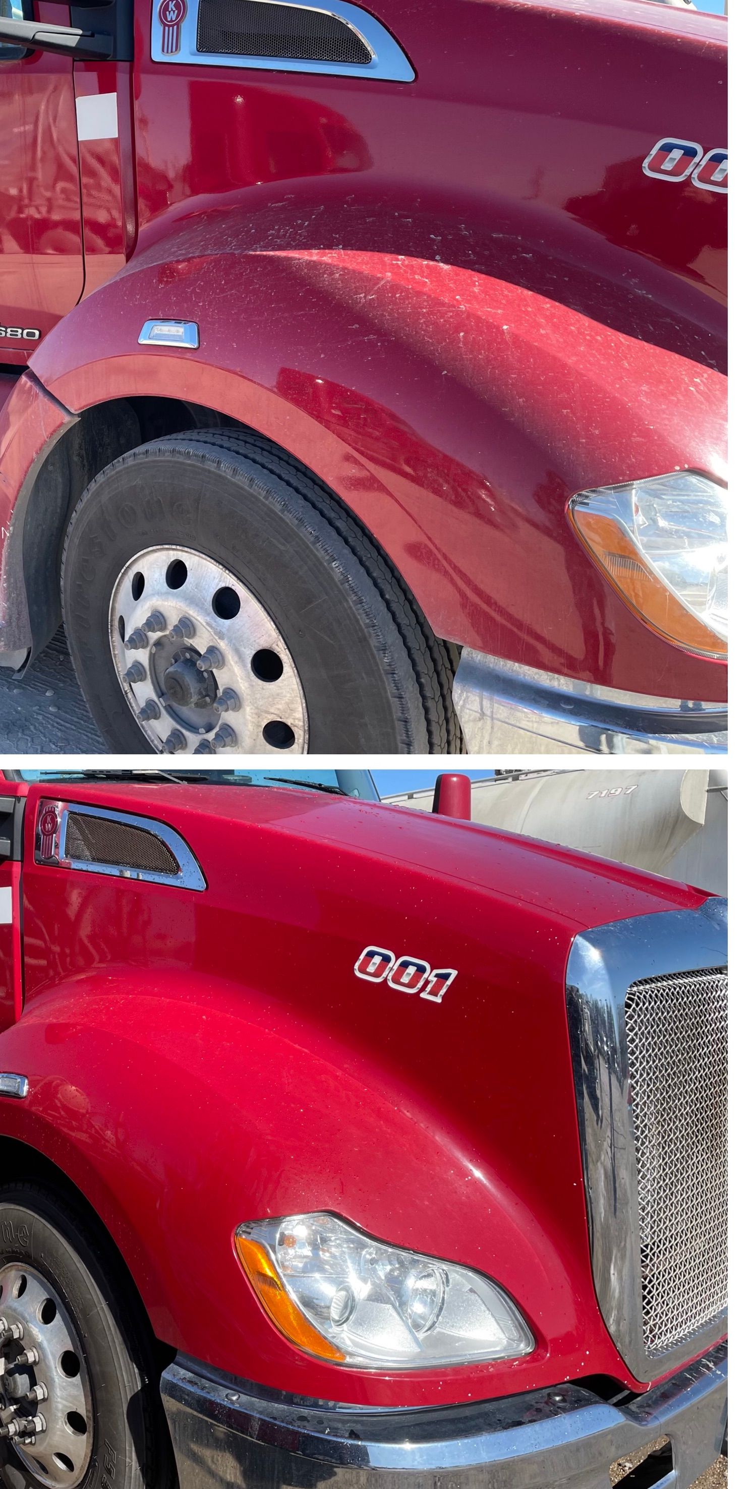 Two pictures of a red truck , one before and one after being cleaned.