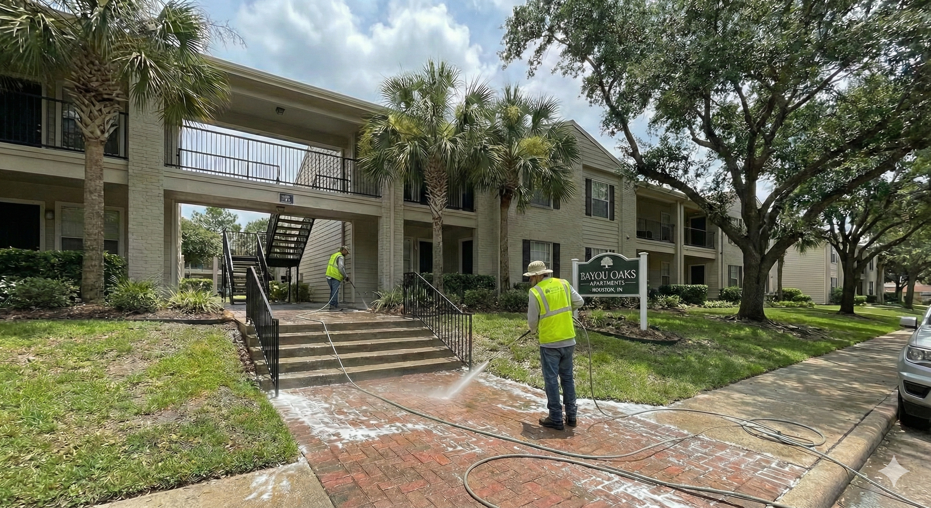 Pressure washing siding of house