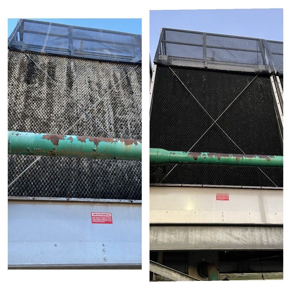 A before and after picture of a cooling tower.