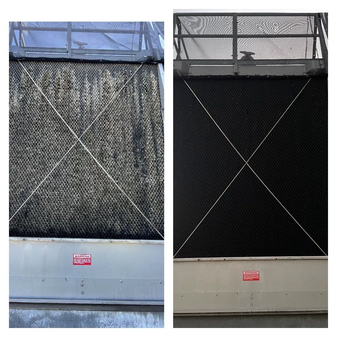 A before and after picture of a cooling tower.