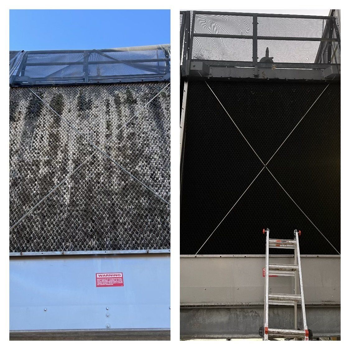 A before and after picture of a building with a ladder