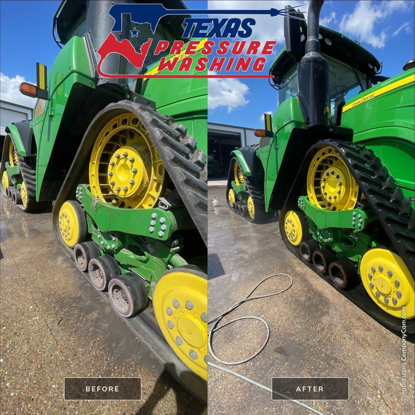 A before and after photo of a green tractor with yellow tracks.
