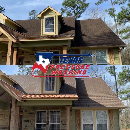 A before and after picture of a texas pressure washing house