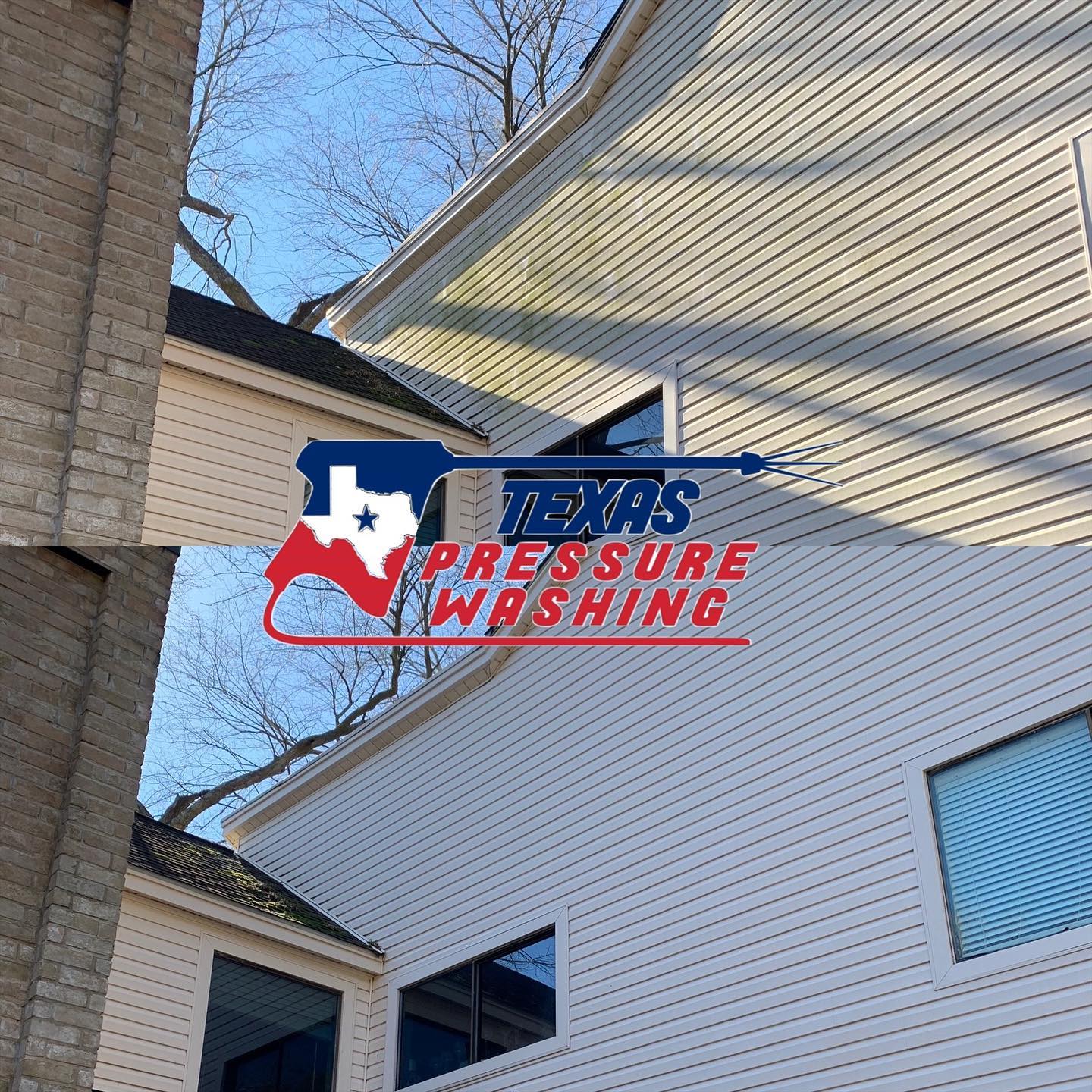 A before and after picture of a house that has been pressure washed by texas pressure washing.