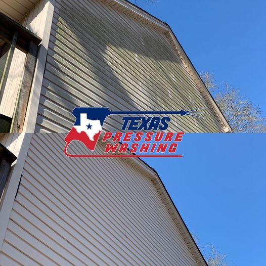A texas pressure washing logo is on the side of a house