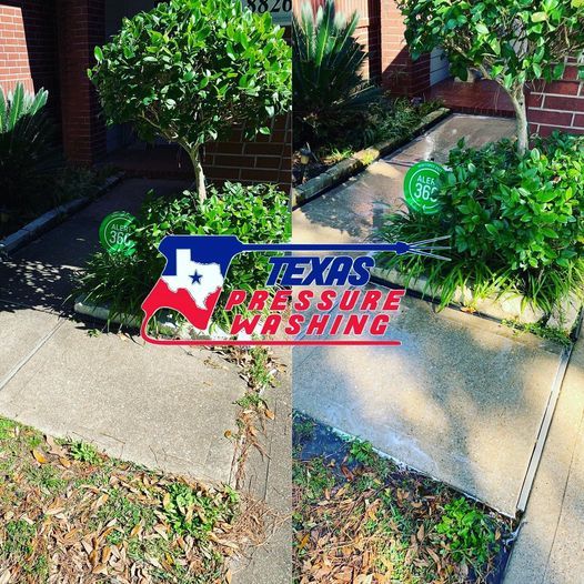 A before and after picture of a sidewalk that has been pressure washed by texas pressure washing.
