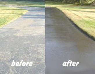 Asphalt driveway before and after cleaning. Left side is dirty, right side is clean and wet.