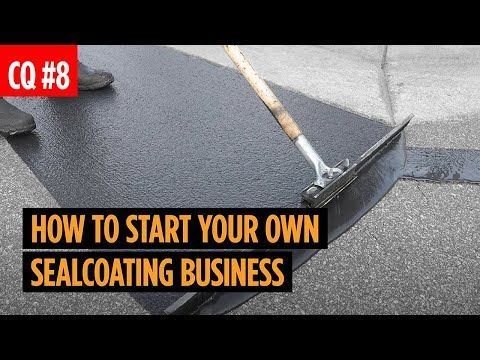 Person sealcoating asphalt with a squeegee, text overlay: 