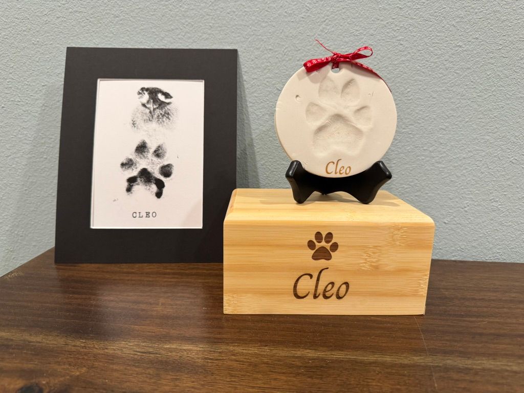 Memorial paw print keepsakes of a dog named Cleo: framed prints and a round ornament.