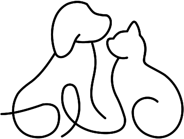 Black line drawing of a dog and cat, side-by-side.