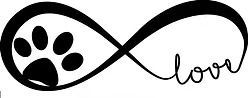 Black infinity symbol with a paw print on one side and the word 