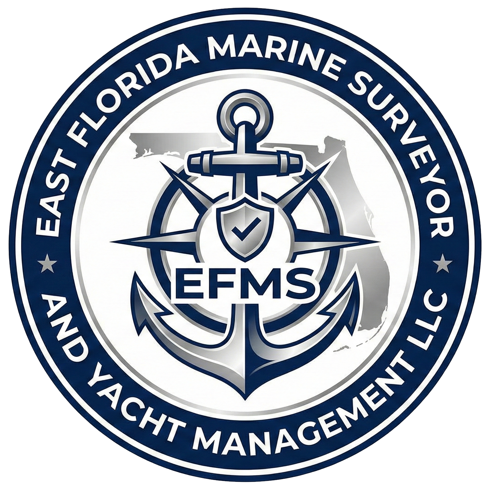 Logo for East Florida Marine Surveyor and Yacht Management LLC: anchor, shield, and Florida map graphic in navy and silver.
