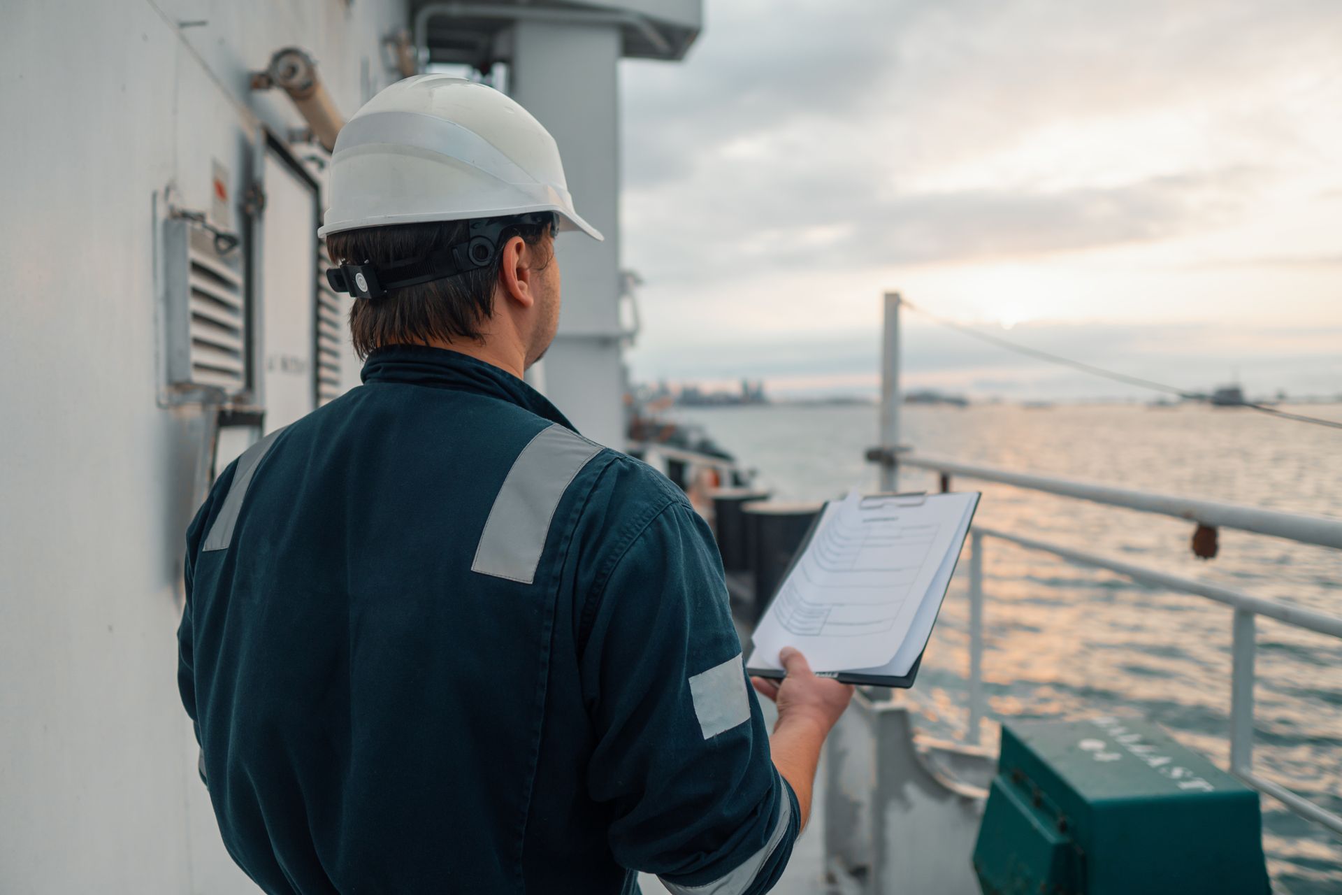 Person in a white helmet and blue work uniform on a ship, holding a clipboard, looking out at the sea.