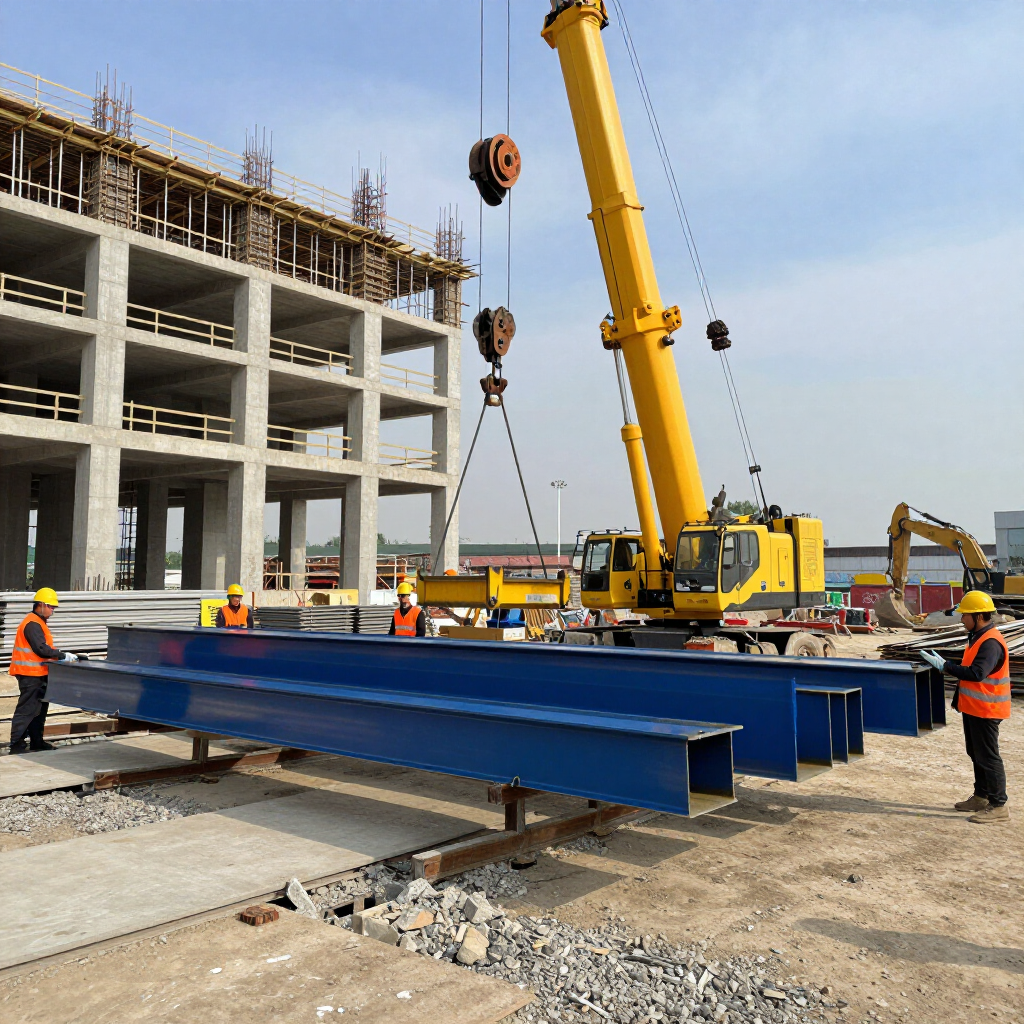 Workers in high-visibility vests prepare long, blue steel beams for lifting by a yellow crane at a construction site.