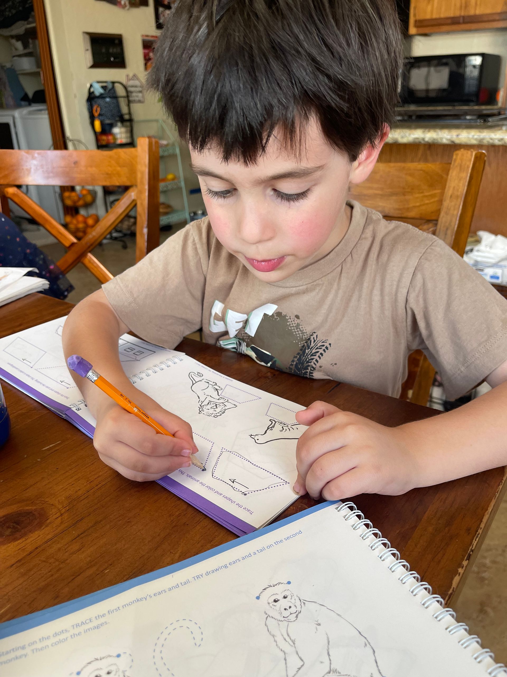 Boy with brown hair and light brown shirt drawing with a pencil at a wooden table.