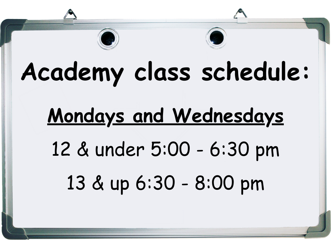A white board with academy class schedule written on it